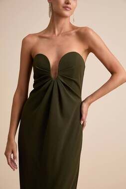 Lulus Olive Crepe Knit Dress Column Maxi Cutout U-Bar strapless Dress medium